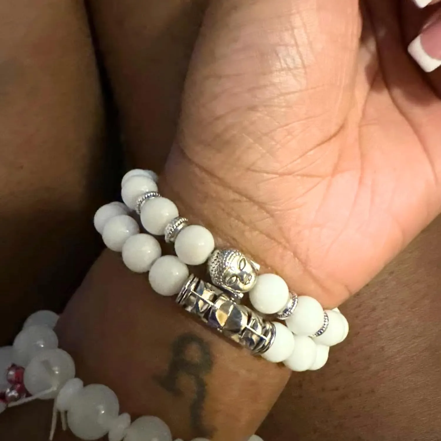 Mai & Claire 925 Sterling Silver Buddha Bracelets For Women And Men - 2pcs/set Multicolor Natural Stone Buddha Head Bracelet, Buddhist Prayer Beads Jewelry Gift