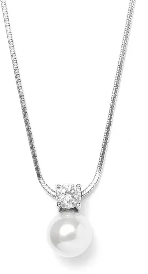 Mariell White Pearl Bridal, Bridesmaid Necklace with Cubic Zirconia Crystal, Pearl Wedding Jewelry, Perfect for Mother of The Bride, Birthday Gift, Everyday Wear