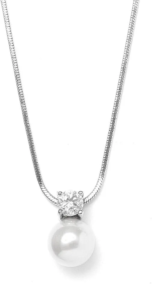 Mariell White Pearl Bridal, Bridesmaid Necklace with Cubic Zirconia Crystal, Pearl Wedding Jewelry, Perfect for Mother of The Bride, Birthday Gift, Everyday Wear