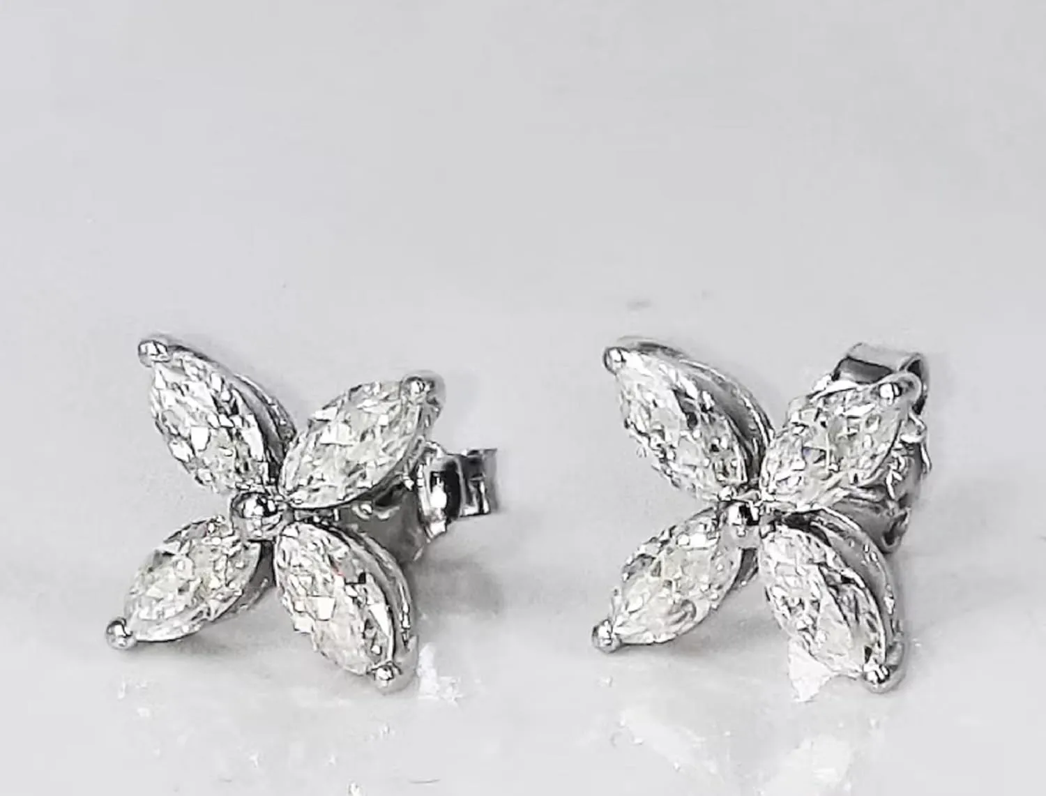 Marquise Cut Moissanite Diamond Flower Stud Earrings  Butterfly Post White Gold Plated Studs for Women