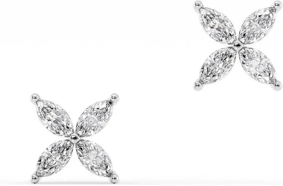 Marquise Cut Moissanite Diamond Flower Stud Earrings  Butterfly Post White Gold Plated Studs for Women
