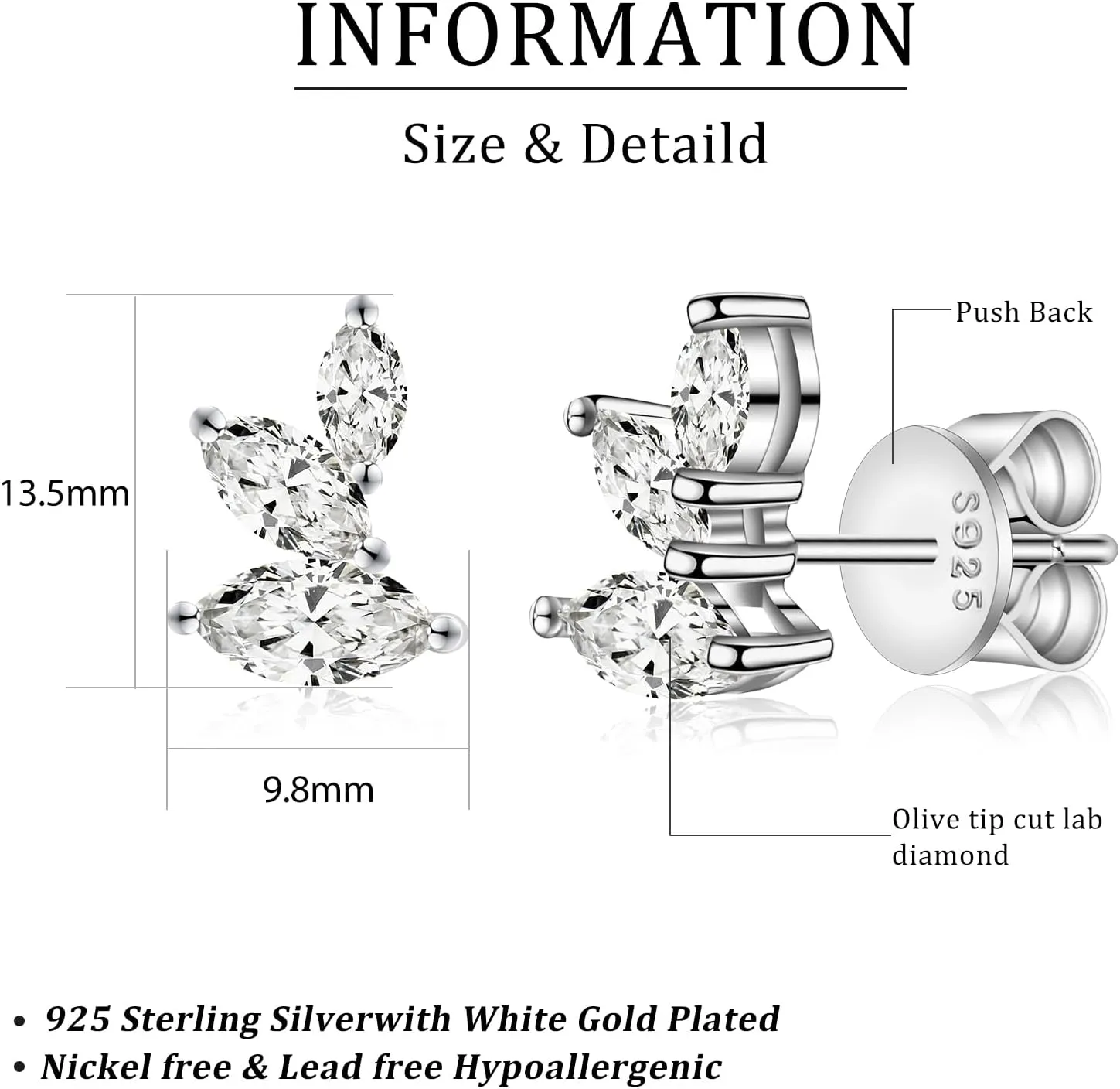 Marquise Moissanite Earrings Angel Wing Studs D Color VVS1 Clear Moissanite Earrings 18K Gold Plated S925 Sterling Silver Friction Back Stud Earrings for Women