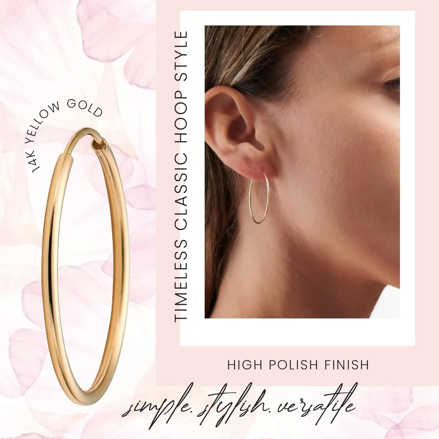 MAZZERI 14k Gold Hoop Earrings - Small, Hypoallergenic, Made in USA - Solid 14 Karat Gold, Endless Closure - Yellow or White Gold