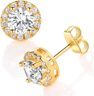 MDFUN Halo Stud Earrings 18K Gold Plated 5A  Cubic Zirconia Round Earrings Hypoallergenic Ears Jewelry for Women Men
