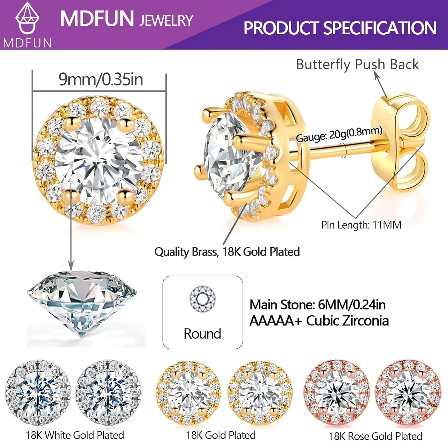 MDFUN Halo Stud Earrings 18K Gold Plated 5A  Cubic Zirconia Round Earrings Hypoallergenic Ears Jewelry for Women Men