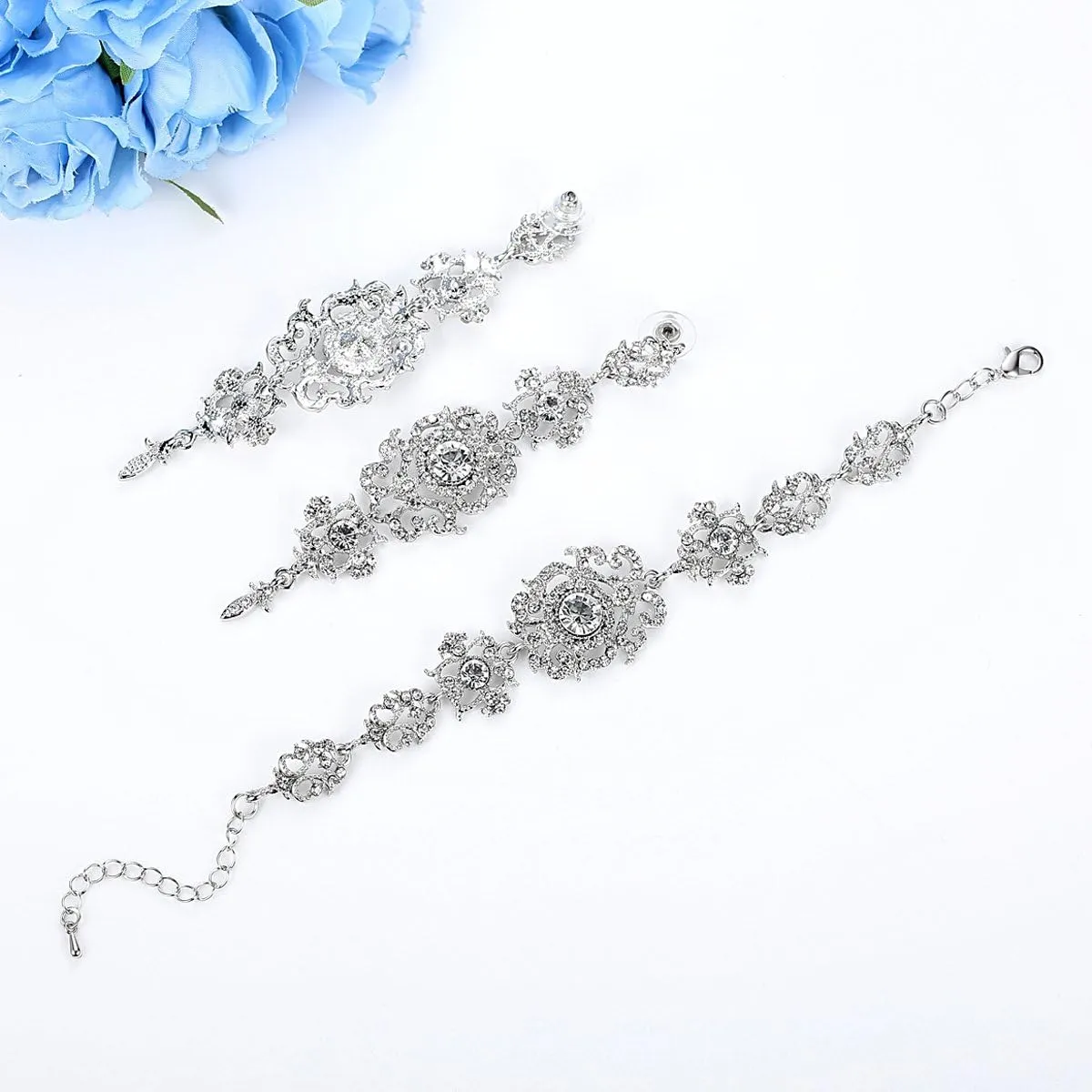 mecresh Flower Teardrop Earring and Bracelets Silver/Gold/Champagne Bridal Jewelry Sets for Women