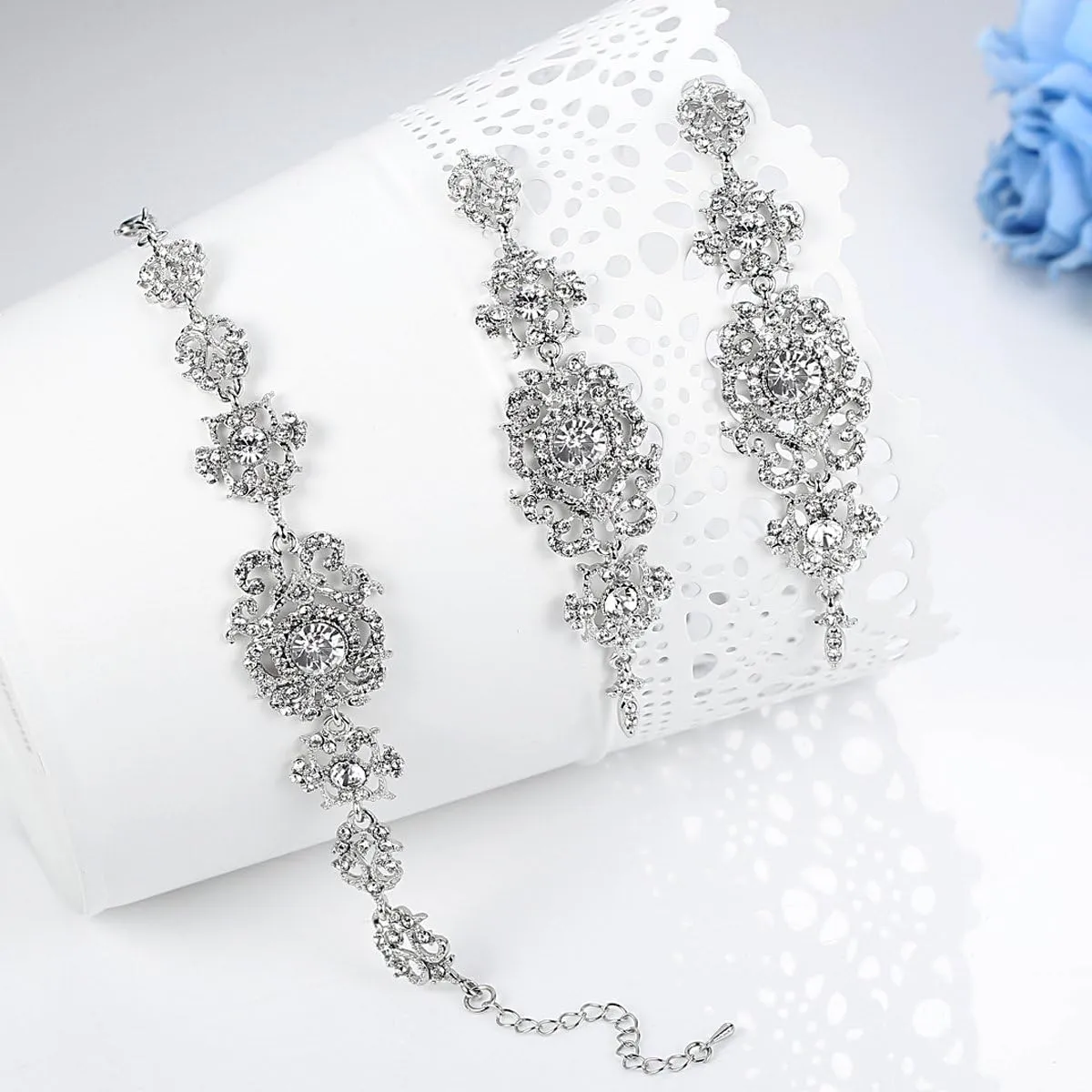 mecresh Flower Teardrop Earring and Bracelets Silver/Gold/Champagne Bridal Jewelry Sets for Women