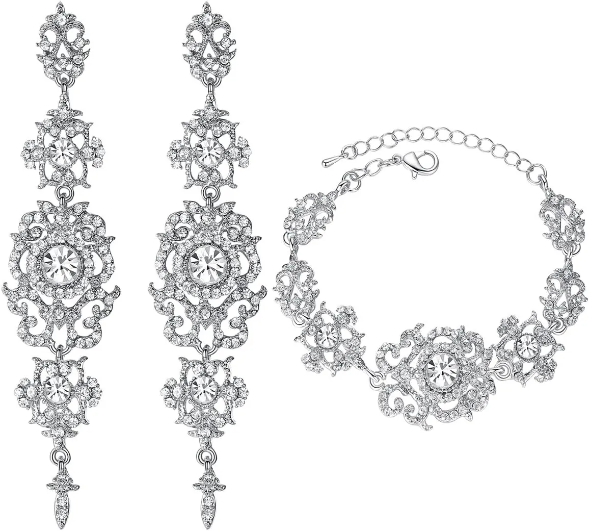 mecresh Flower Teardrop Earring and Bracelets Silver/Gold/Champagne Bridal Jewelry Sets for Women