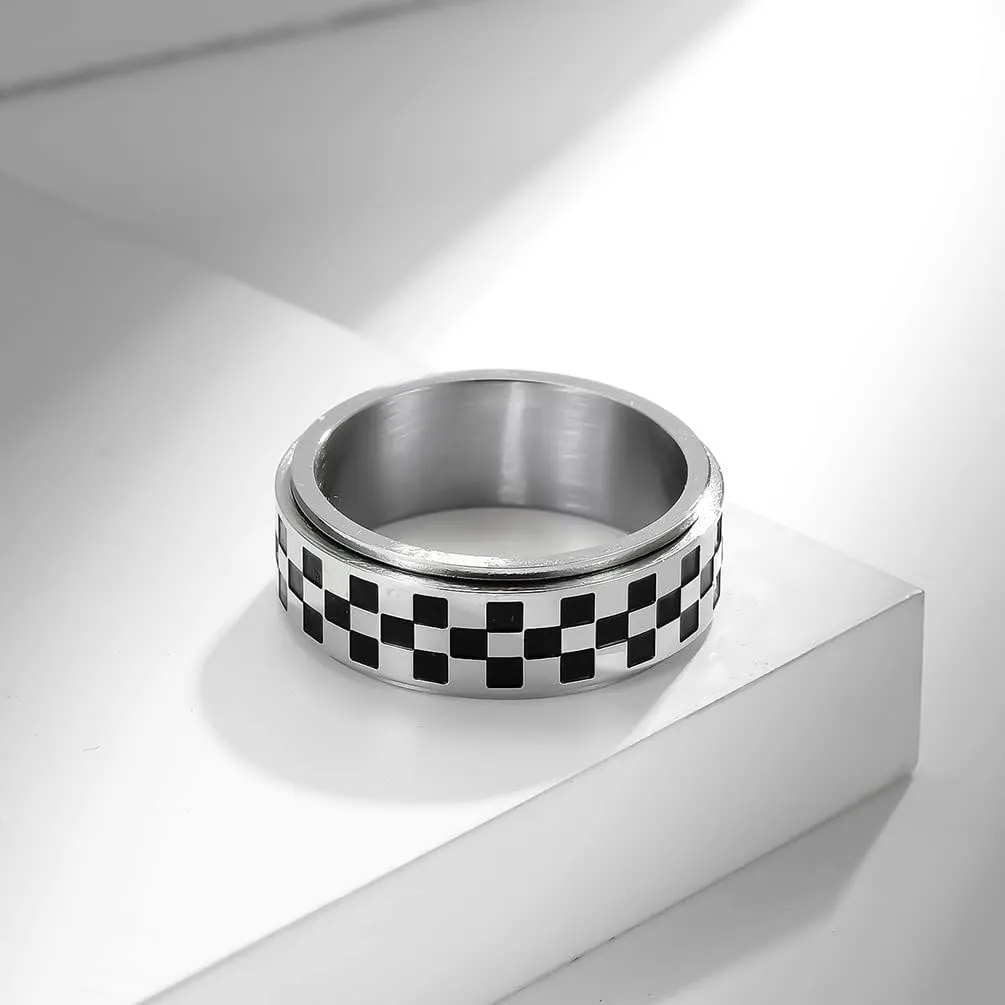 Meilord 8mm Black White Chessboard Pattern Rotatable Stainless Steel Fidget Band Rings for Women Men Dainty Anti Anxiety Stress Relief Spinner Rings Minimalist Statement Promise Couple Rings