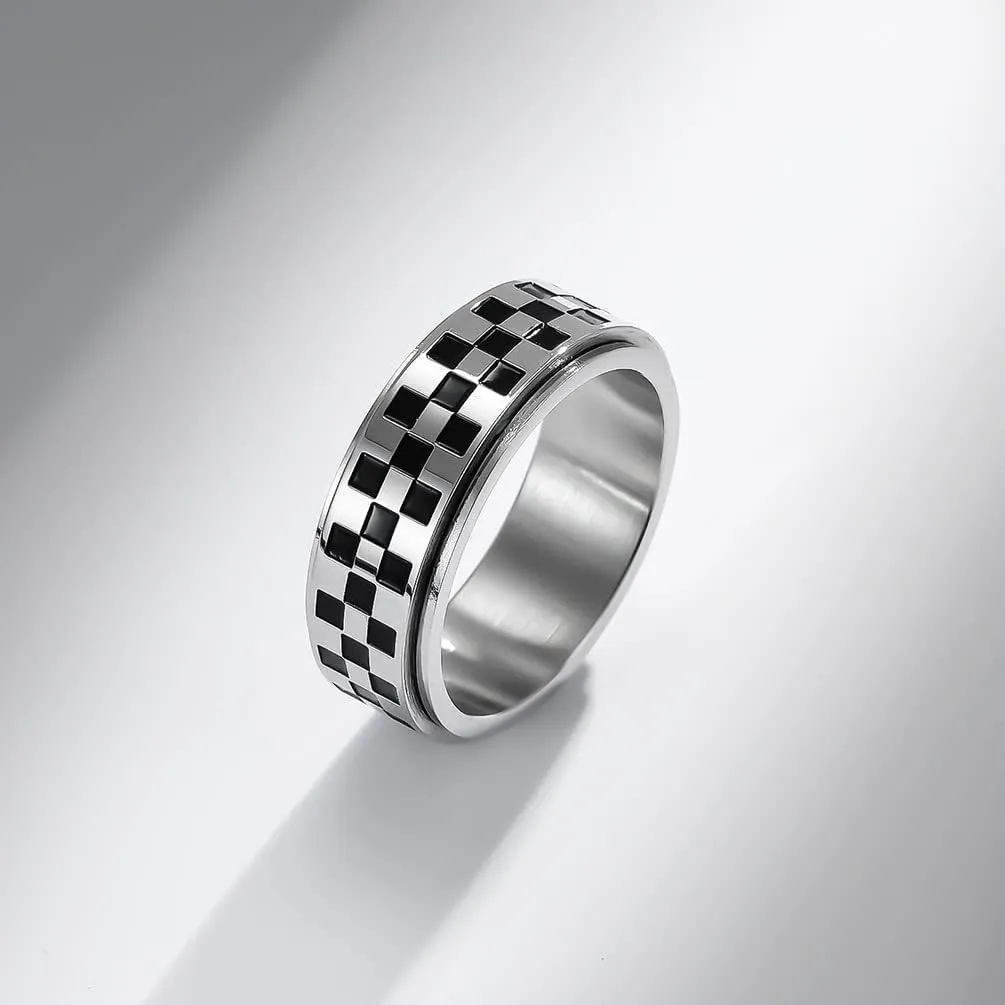 Meilord 8mm Black White Chessboard Pattern Rotatable Stainless Steel Fidget Band Rings for Women Men Dainty Anti Anxiety Stress Relief Spinner Rings Minimalist Statement Promise Couple Rings