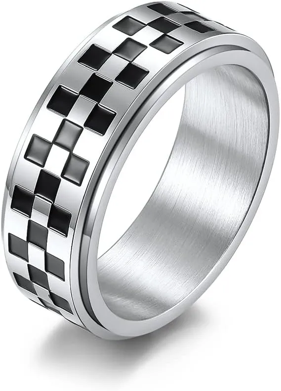 Meilord 8mm Black White Chessboard Pattern Rotatable Stainless Steel Fidget Band Rings for Women Men Dainty Anti Anxiety Stress Relief Spinner Rings Minimalist Statement Promise Couple Rings