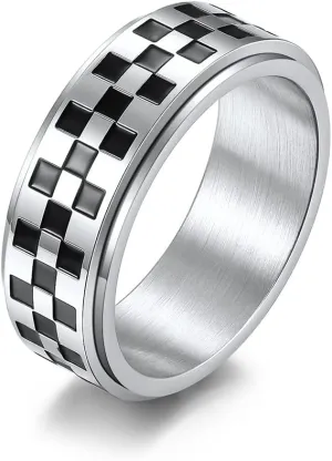 Meilord 8mm Black White Chessboard Pattern Rotatable Stainless Steel Fidget Band Rings for Women Men Dainty Anti Anxiety Stress Relief Spinner Rings Minimalist Statement Promise Couple Rings