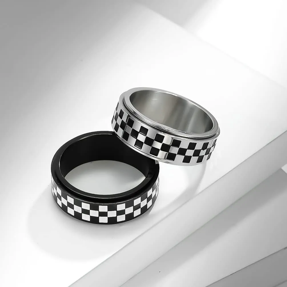 Meilord 8mm Black White Chessboard Pattern Rotatable Stainless Steel Fidget Band Rings for Women Men Dainty Anti Anxiety Stress Relief Spinner Rings Minimalist Statement Promise Couple Rings