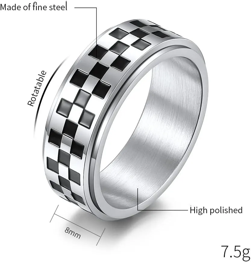 Meilord 8mm Black White Chessboard Pattern Rotatable Stainless Steel Fidget Band Rings for Women Men Dainty Anti Anxiety Stress Relief Spinner Rings Minimalist Statement Promise Couple Rings