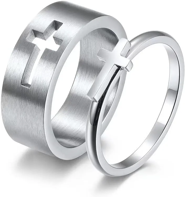 Meilord Cross Ring Sets for Him and Her Silver Black Stainless Steel Matching Couple Rings Wedding Bands Anniversary Engagement Promise Rings