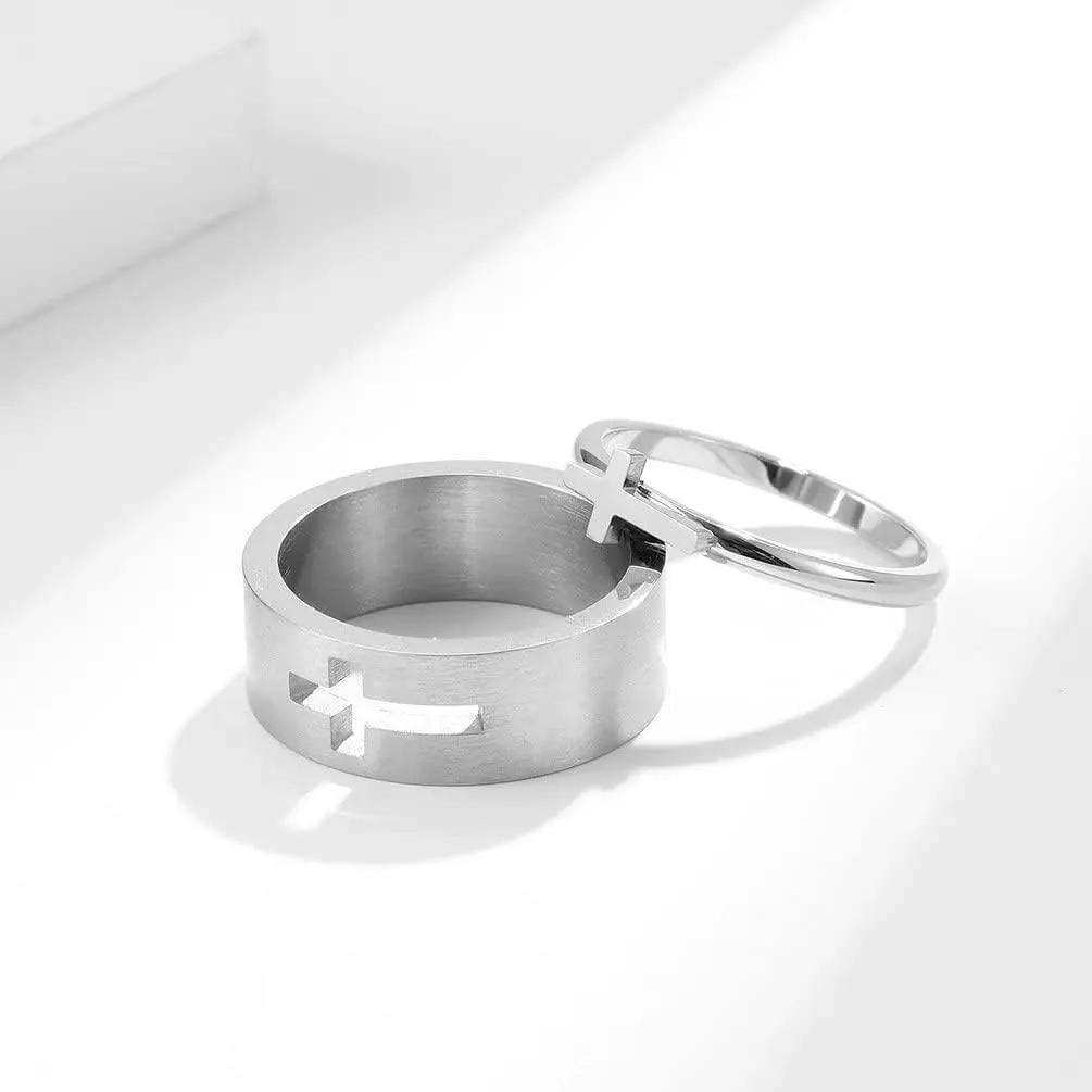 Meilord Cross Ring Sets for Him and Her Silver Black Stainless Steel Matching Couple Rings Wedding Bands Anniversary Engagement Promise Rings
