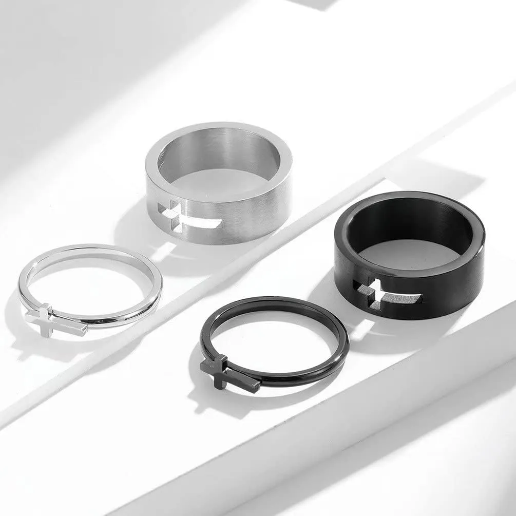Meilord Cross Ring Sets for Him and Her Silver Black Stainless Steel Matching Couple Rings Wedding Bands Anniversary Engagement Promise Rings