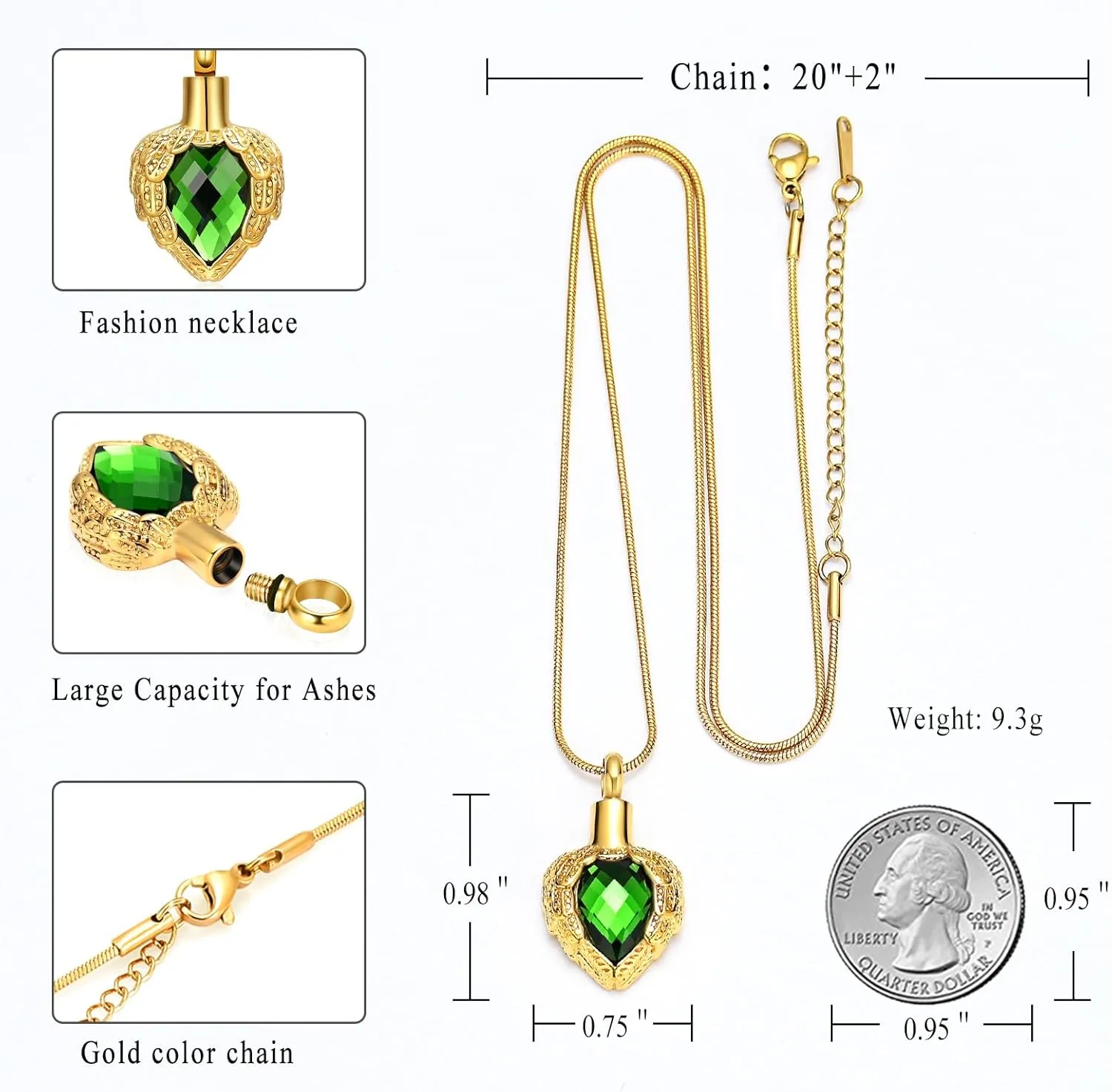 memorial jewelry Gold Angel Wings Glass Heart Urn Pet/Human Cremation Pendant Necklace Jewelry for Ashes