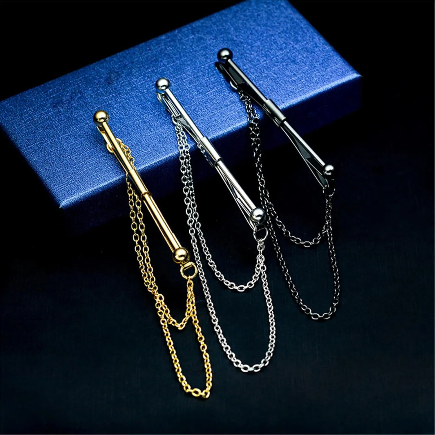 Men Tie Pins Shirt Collar Pin Double Chains Tassel 18K Gold Silver Black Brass Collar Bar Tie Stick Pin Suit Accessories Wedding Business Gift