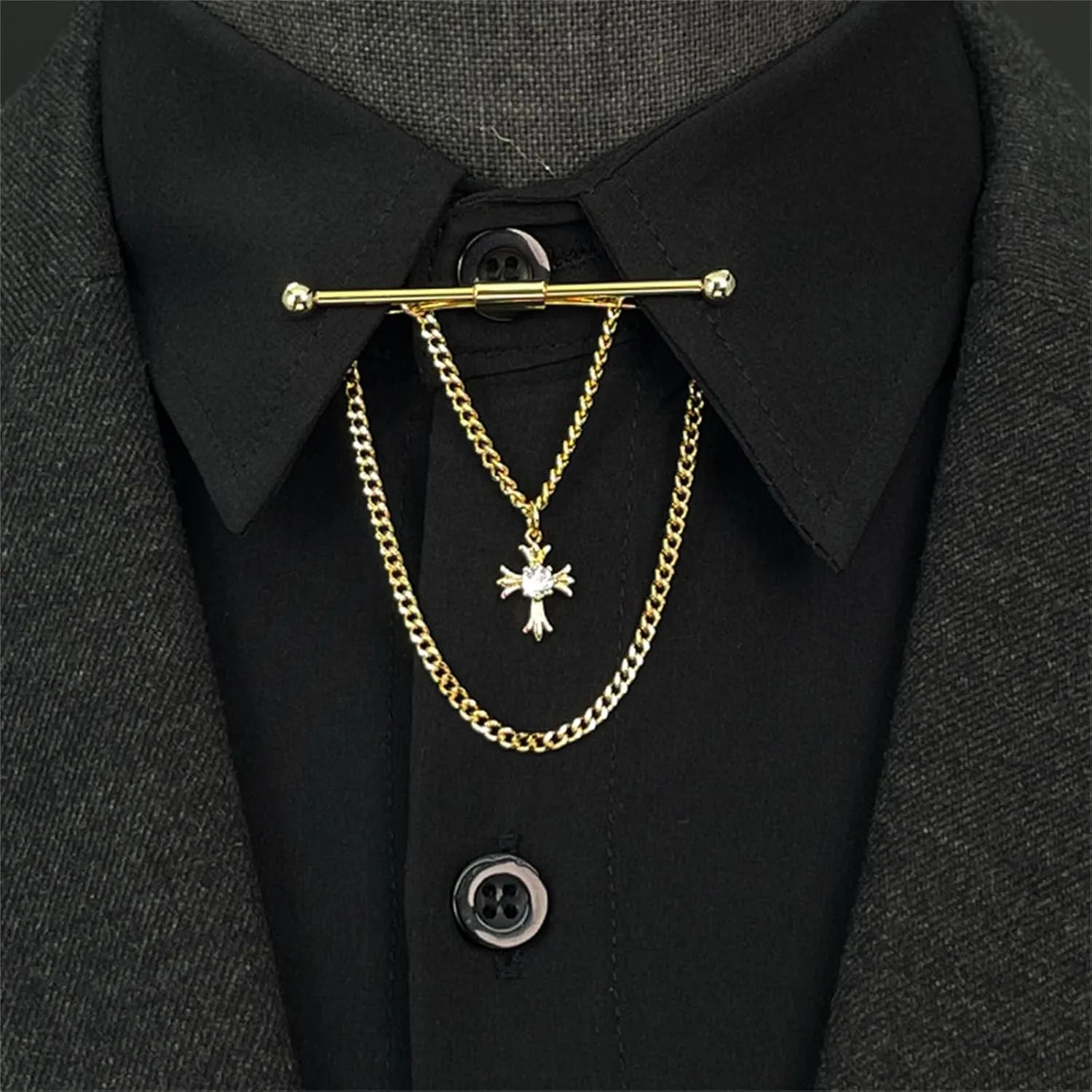 Men Tie Pins Shirt Collar Pin Double Chains Tassel 18K Gold Silver Black Brass Collar Bar Tie Stick Pin Suit Accessories Wedding Business Gift