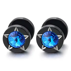 Men Women Black Star Laser Pattern Circle Stud Earrings Blue Spike CZ, Steel Cheater Fake Ear Plug