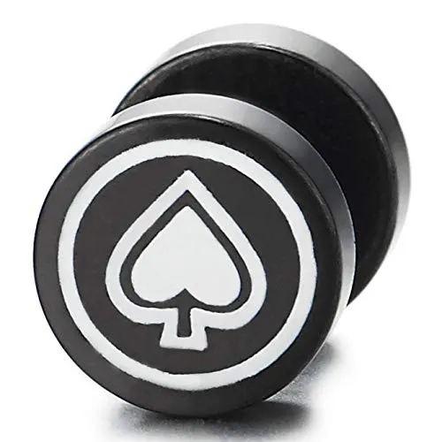 Men Women Black White Ace of Spade Circle Stud Earrings Steel Cheater Fake Ear Plugs Gauges Illusion
