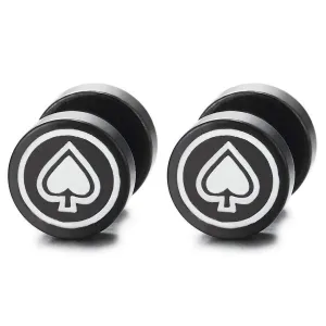 Men Women Black White Ace of Spade Circle Stud Earrings Steel Cheater Fake Ear Plugs Gauges Illusion