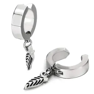 Men Women Steel Huggie Hinged Earrings with Dangling Silver Black Leaf Non-piercing Clip on Earrings…