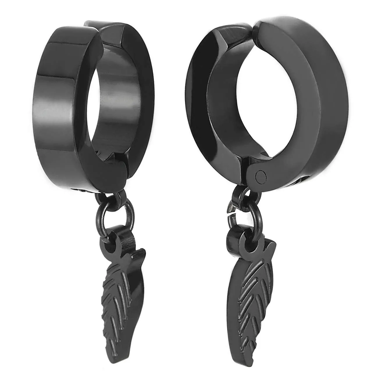 Men Women Steel Huggie Hinged Earrings with Dangling Silver Black Leaf Non-piercing Clip on Earrings…