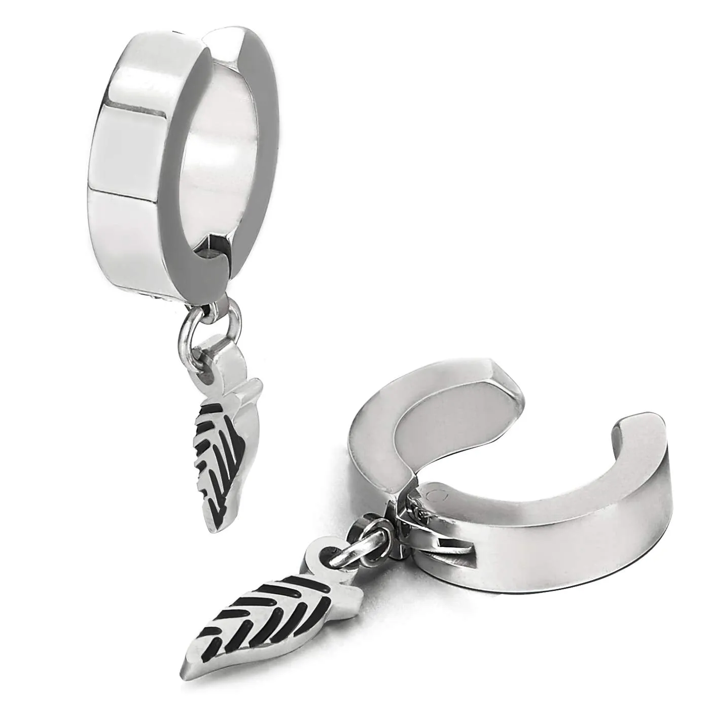 Men Women Steel Huggie Hinged Earrings with Dangling Silver Black Leaf Non-piercing Clip on Earrings…