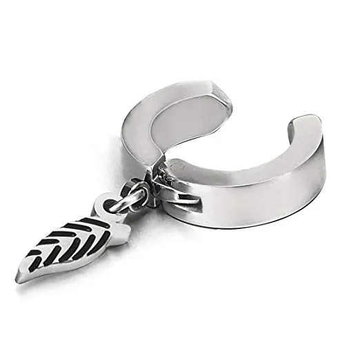 Men Women Steel Huggie Hinged Earrings with Dangling Silver Black Leaf Non-piercing Clip on Earrings…