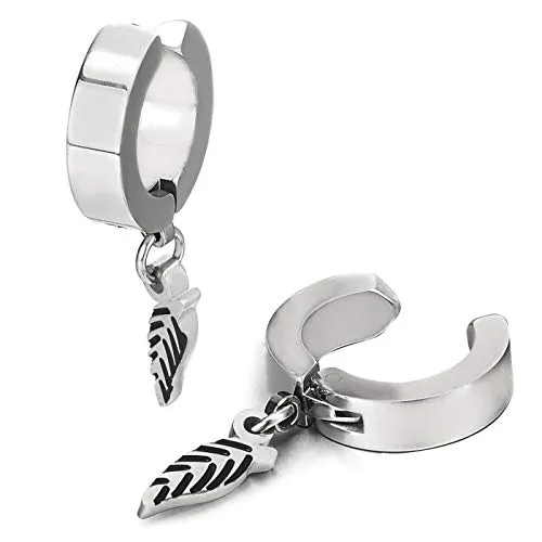 Men Women Steel Huggie Hinged Earrings with Dangling Silver Black Leaf Non-piercing Clip on Earrings…