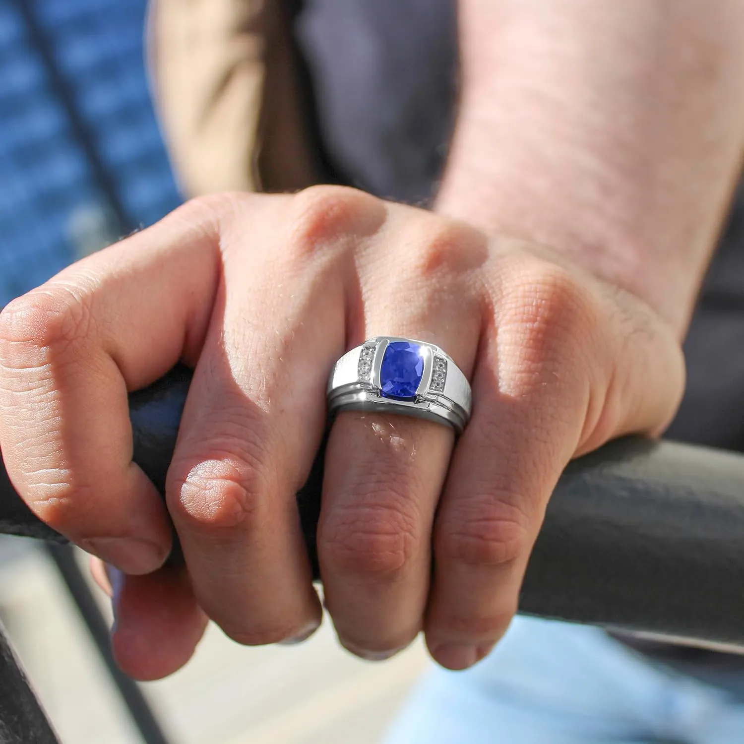 Mens 925 Sterling Silver Blue and White Sapphire Fashion Ring Sophisticated Style Statement