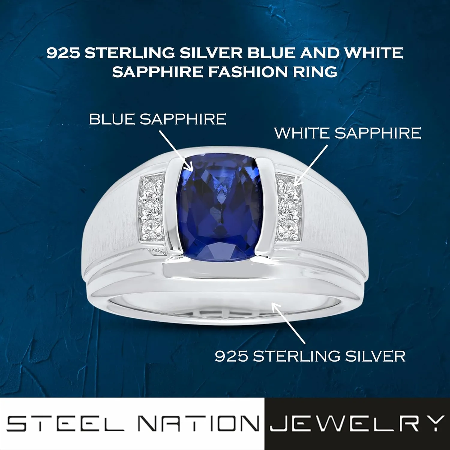 Mens 925 Sterling Silver Blue and White Sapphire Fashion Ring Sophisticated Style Statement
