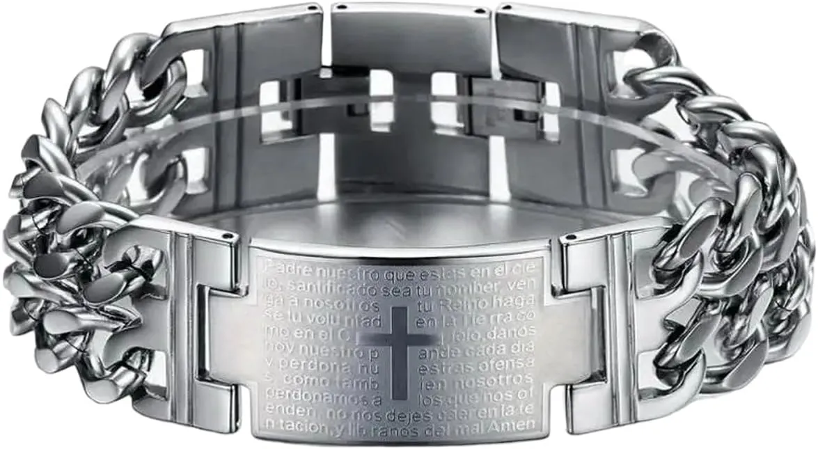 Mens Bracelet Vintage Stainless Steel Black Cross Bible Lords Prayer Wristband Bible Bracelet Wristband, Jesus Cross-TH-K3180