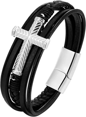 Mens Cross Leather Bracelet, Multi-Layer Braided Religious Cuff Bracelets for Men with Stainless Steel Clasp Anniversary Father's Day Birthday Christmas Jewelry Gifts for Him