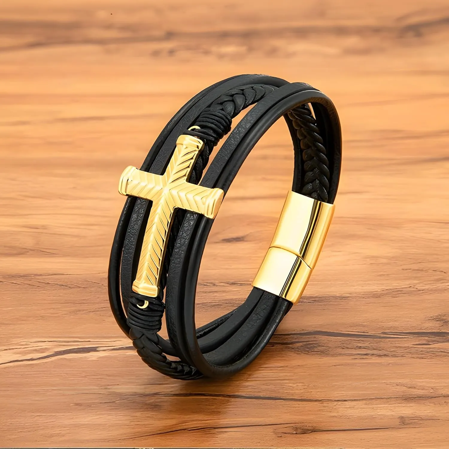 Mens Cross Leather Bracelet, Multi-Layer Braided Religious Cuff Bracelets for Men with Stainless Steel Clasp Anniversary Father's Day Birthday Christmas Jewelry Gifts for Him