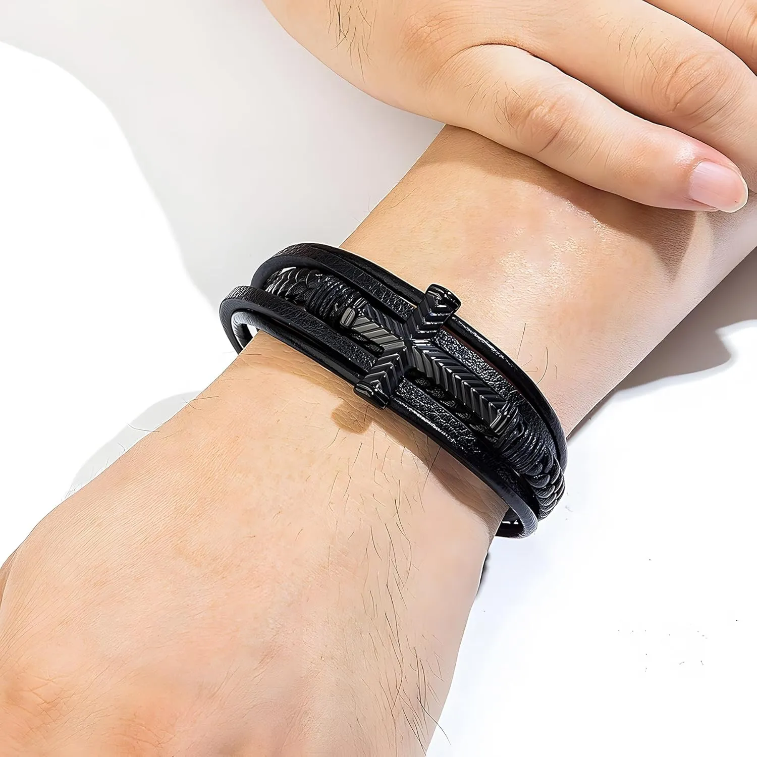Mens Cross Leather Bracelet, Multi-Layer Braided Religious Cuff Bracelets for Men with Stainless Steel Clasp Anniversary Father's Day Birthday Christmas Jewelry Gifts for Him