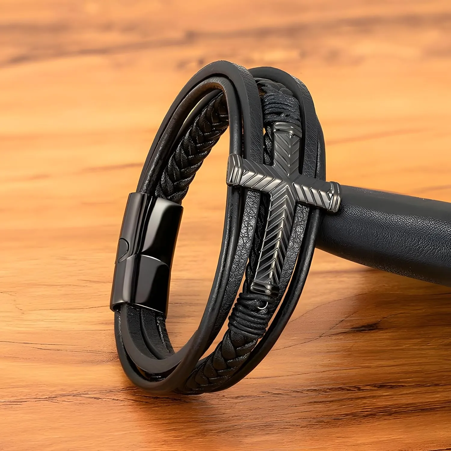 Mens Cross Leather Bracelet, Multi-Layer Braided Religious Cuff Bracelets for Men with Stainless Steel Clasp Anniversary Father's Day Birthday Christmas Jewelry Gifts for Him