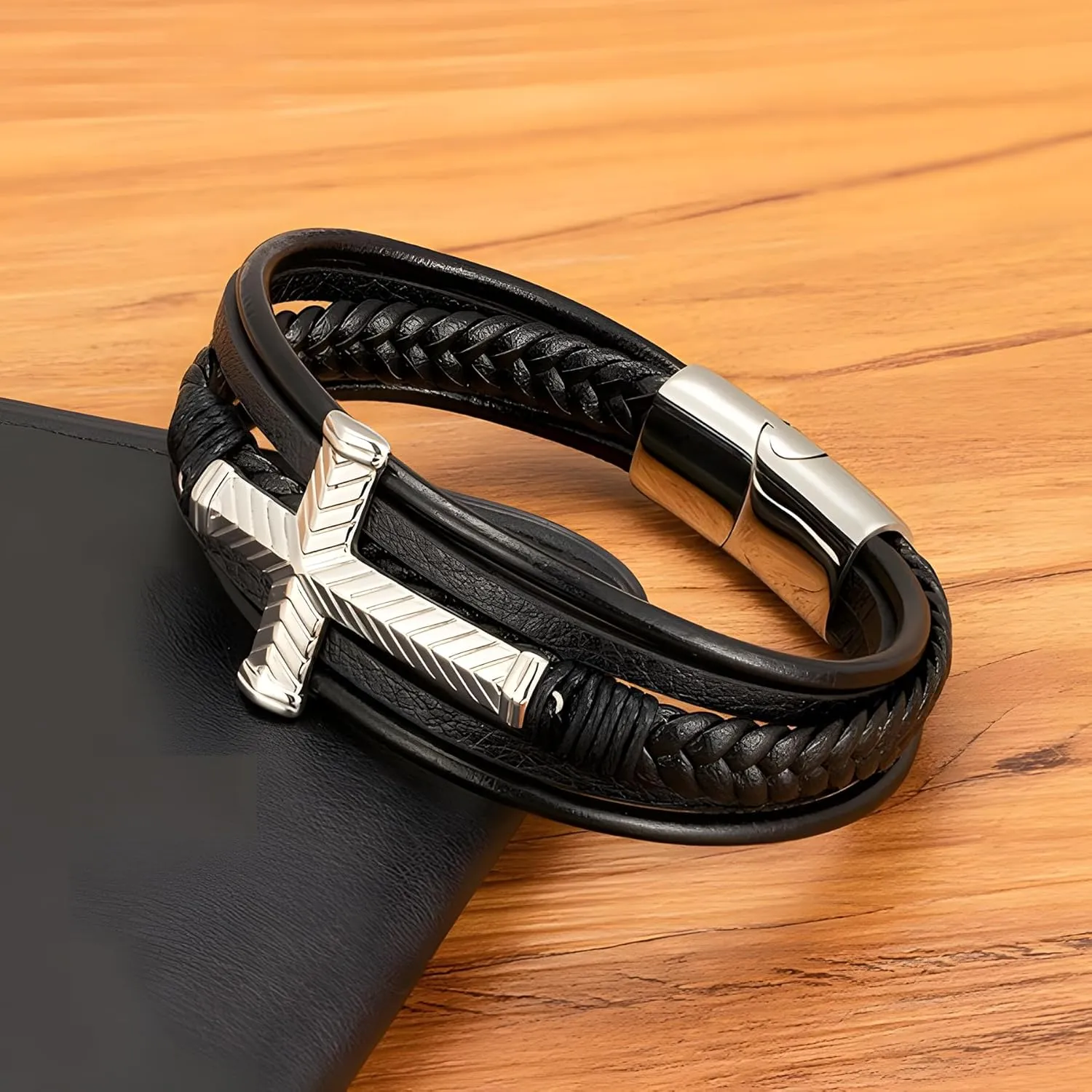 Mens Cross Leather Bracelet, Multi-Layer Braided Religious Cuff Bracelets for Men with Stainless Steel Clasp Anniversary Father's Day Birthday Christmas Jewelry Gifts for Him