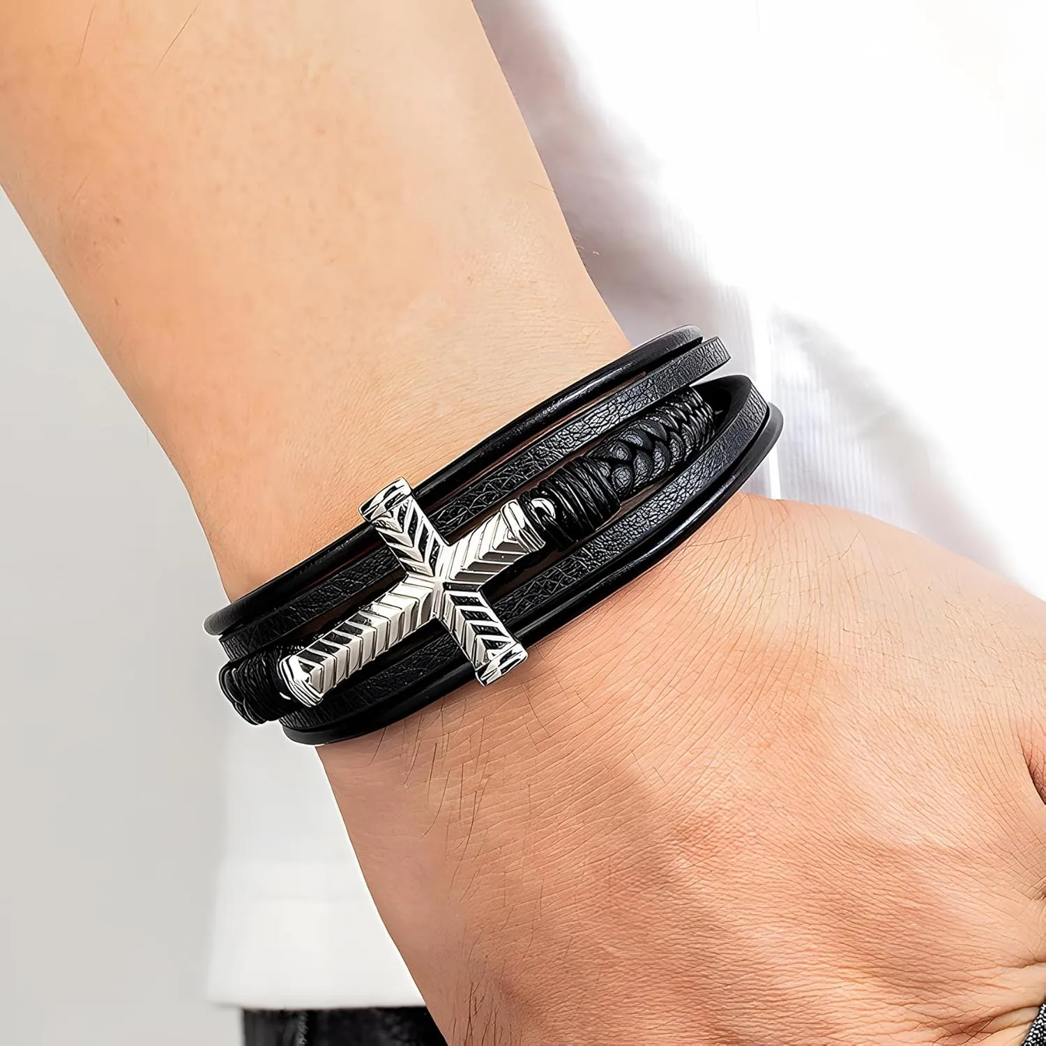 Mens Cross Leather Bracelet, Multi-Layer Braided Religious Cuff Bracelets for Men with Stainless Steel Clasp Anniversary Father's Day Birthday Christmas Jewelry Gifts for Him