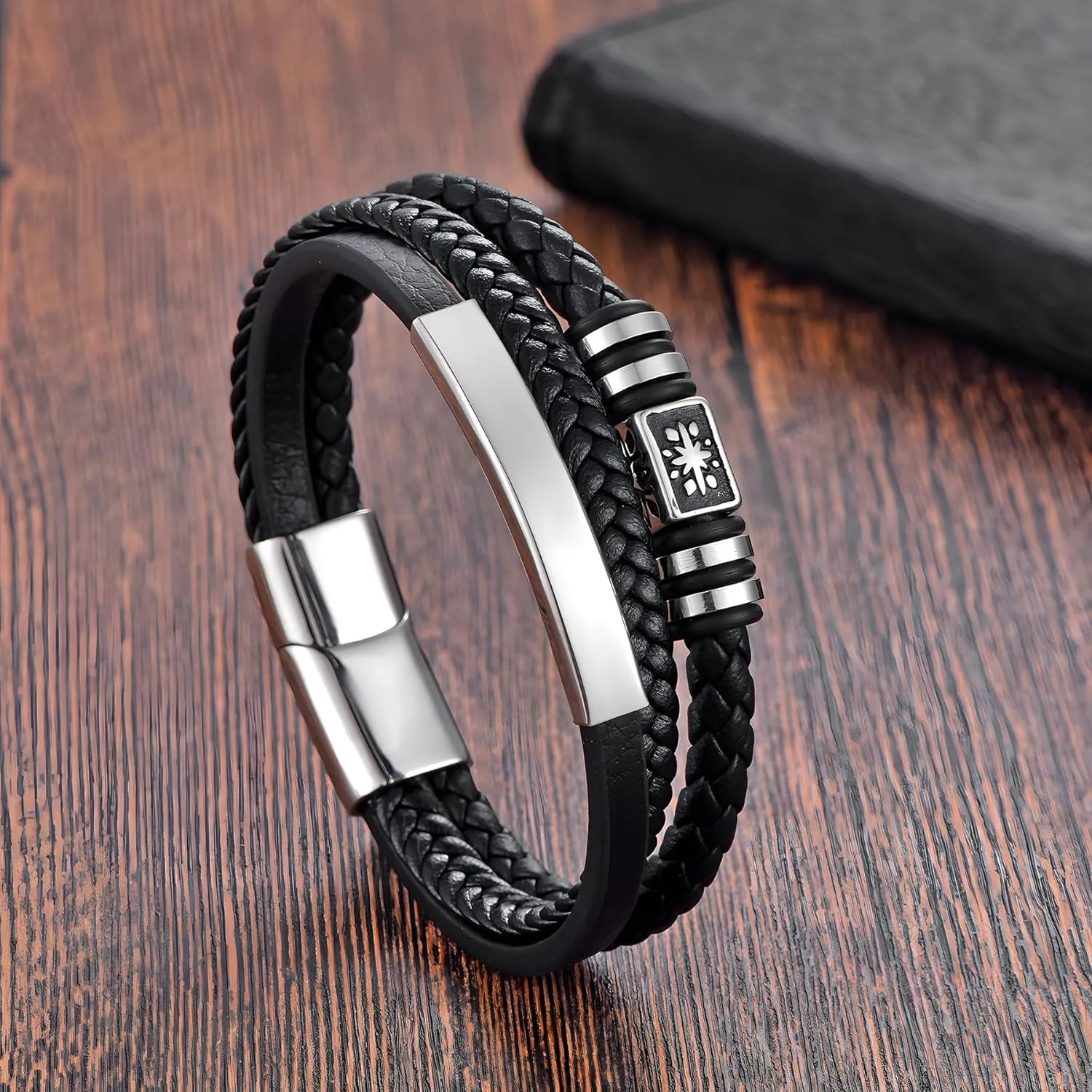 Men's Cuff Bracelets, Multi-Layer Braided Leather Bracelet with Stainless Steel Clasp Anniversary Father's Day Birthday Christmas Jewelry Gifts for Him