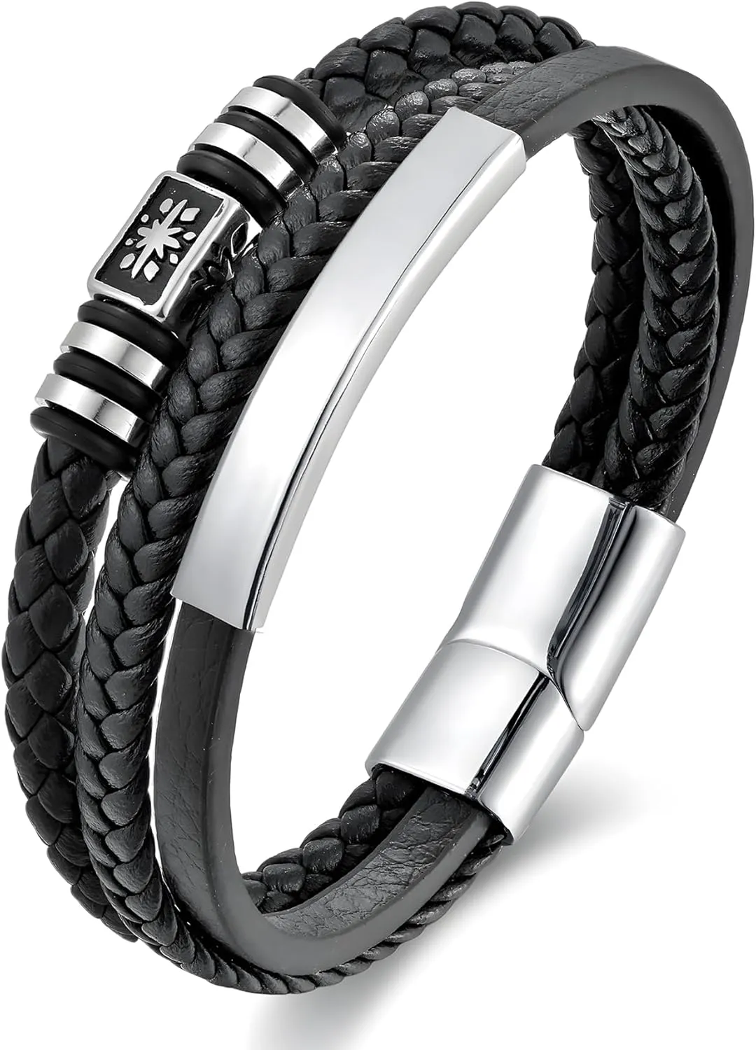 Men's Cuff Bracelets, Multi-Layer Braided Leather Bracelet with Stainless Steel Clasp Anniversary Father's Day Birthday Christmas Jewelry Gifts for Him