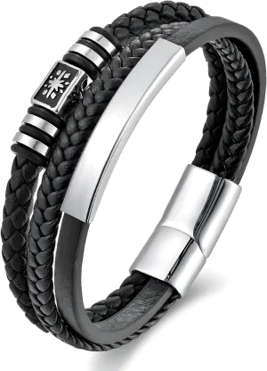 Men's Cuff Bracelets, Multi-Layer Braided Leather Bracelet with Stainless Steel Clasp Anniversary Father's Day Birthday Christmas Jewelry Gifts for Him