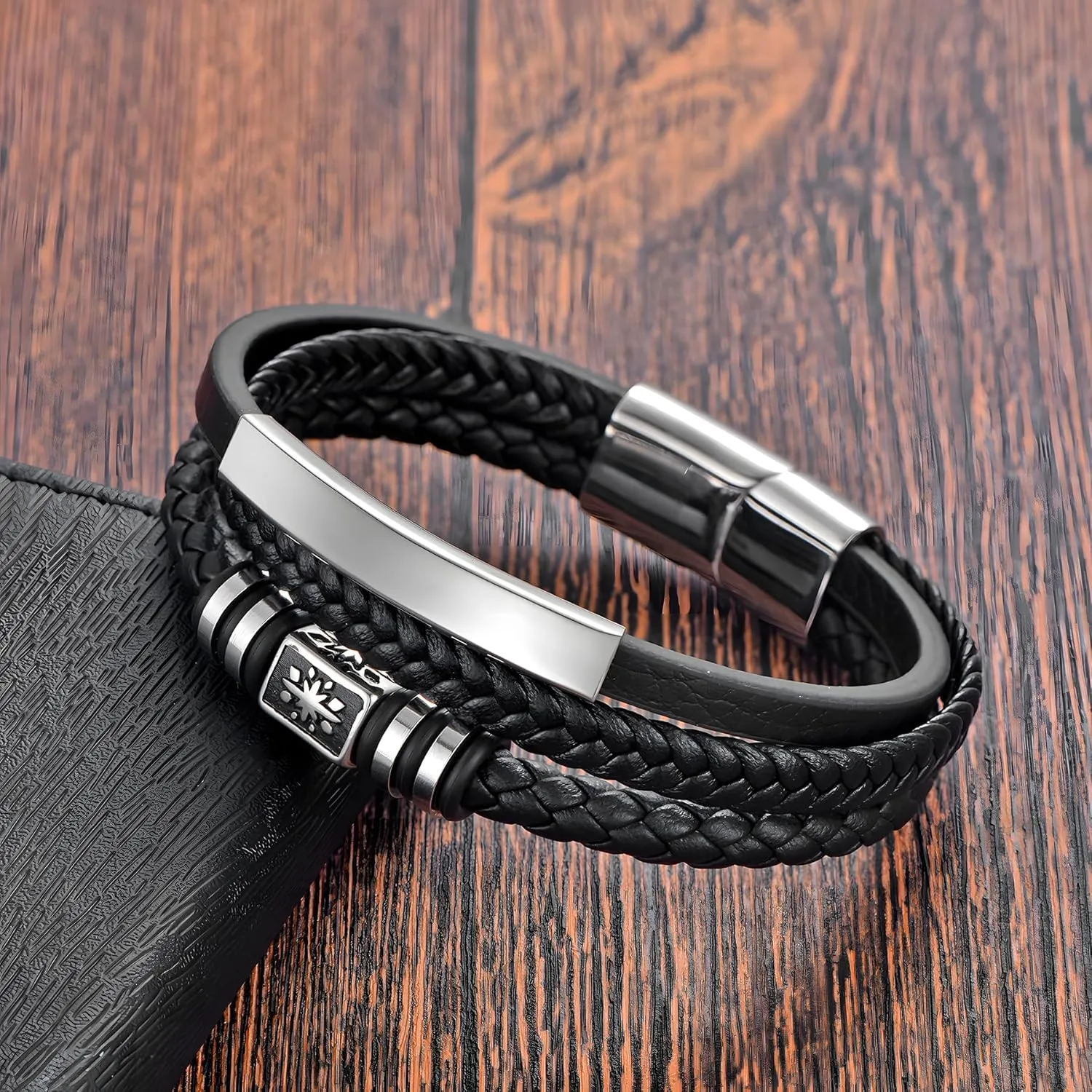 Men's Cuff Bracelets, Multi-Layer Braided Leather Bracelet with Stainless Steel Clasp Anniversary Father's Day Birthday Christmas Jewelry Gifts for Him