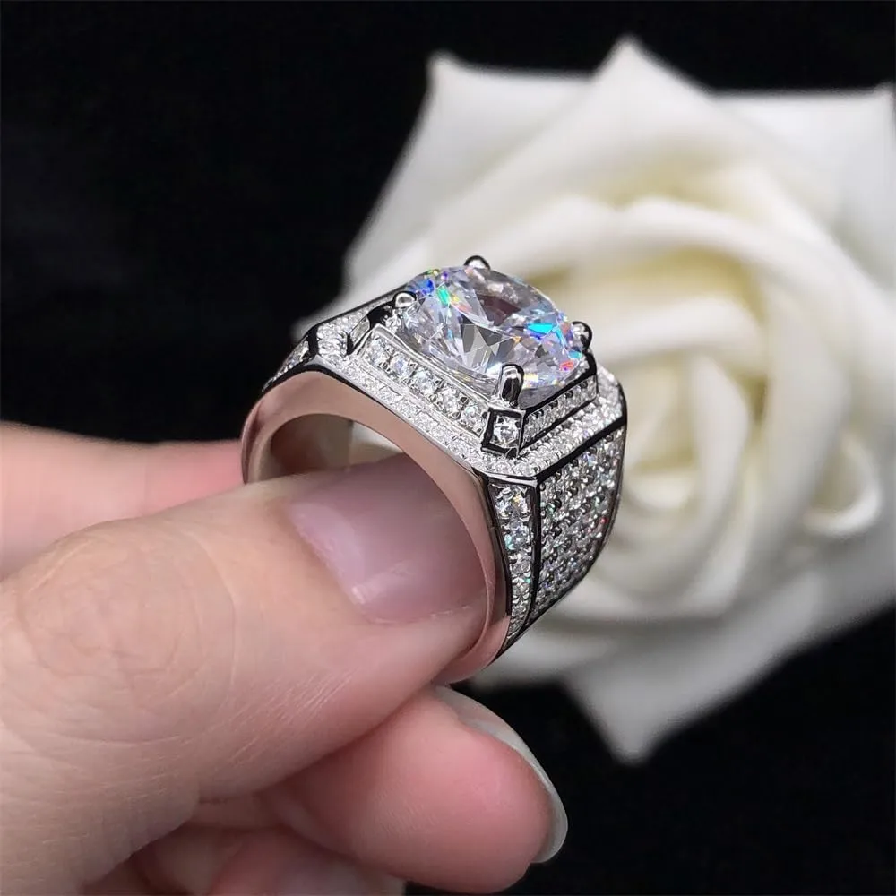 Men's Luxurious Full Diamond Ring for Men Jewelry Mens Wedding Engagement Rings 18K White Gold Cubic Zirconia 925 Sterling Silver Eternity Ring Band (US Code 7)