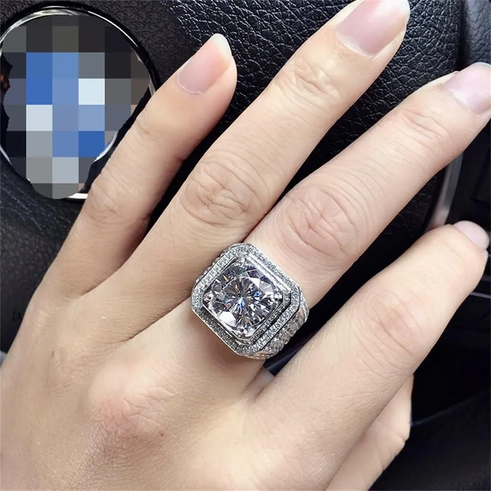 Men's Luxurious Full Diamond Ring for Men Jewelry Mens Wedding Engagement Rings 18K White Gold Cubic Zirconia 925 Sterling Silver Eternity Ring Band (US Code 7)