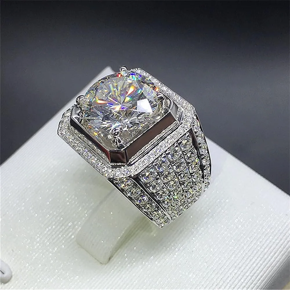 Men's Luxurious Full Diamond Ring for Men Jewelry Mens Wedding Engagement Rings 18K White Gold Cubic Zirconia 925 Sterling Silver Eternity Ring Band (US Code 7)