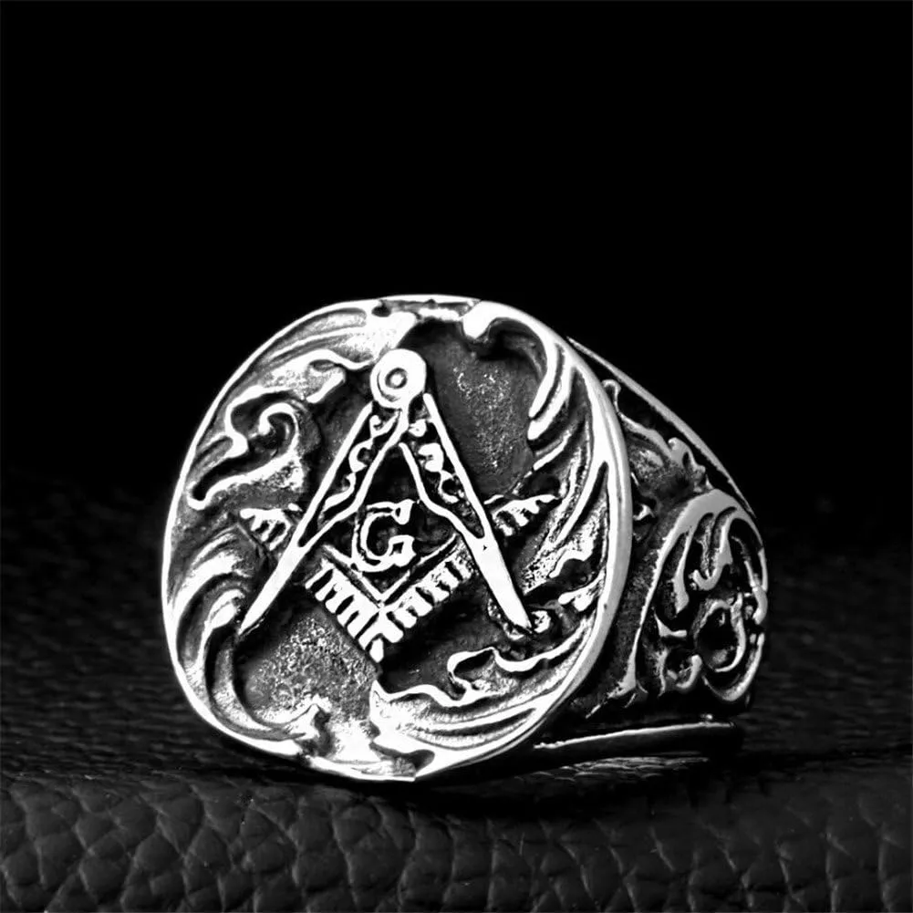 Men's Masonic Freemason Gold Plated Stainless Steel Rings Classic Master Mason Signet Band Jewelry