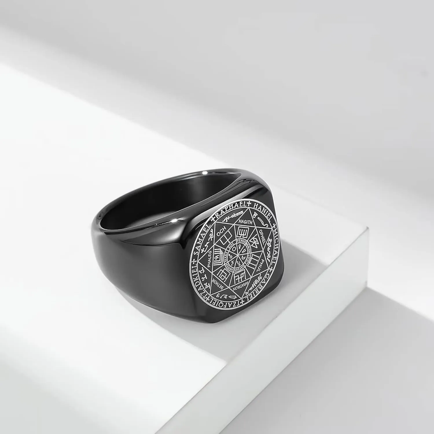 Men's Seals of The Seven Archangels Rings Solomon Kabbalah Ring Stainless Steel Hexagram Triangle Star of David Protection Amulet Ring for Boy Teens Women